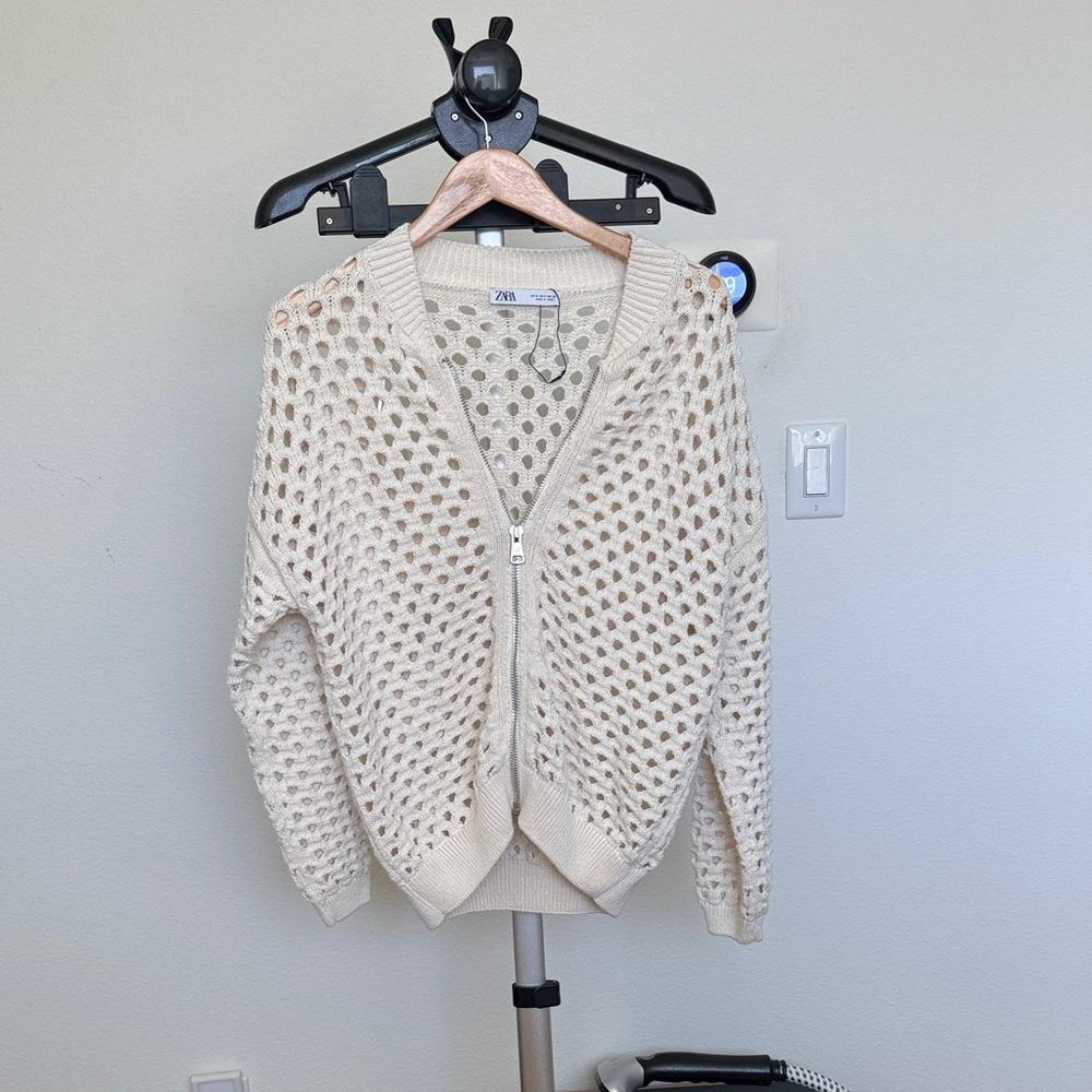 Zara Beige Open-Knit Cardigan